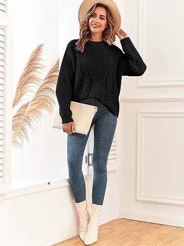 Image of ZAFUL Womens Sweater Cable Knit Oversized Sweaters Crewneck Long Sleeves Casual Knit Pullover Tops