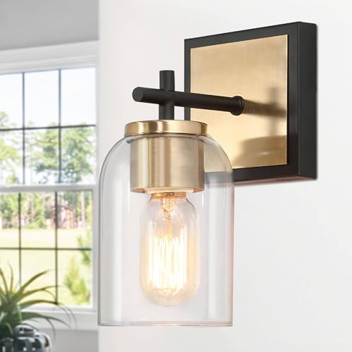 Image of KSANA Black & Gold Wall Sconces, Electroplate Brass Sconce Wall Lighting, Modern 1-Light Bathroom Light Fixtures with Clear Glass Shade for Stairway, Living Room and Kitchen