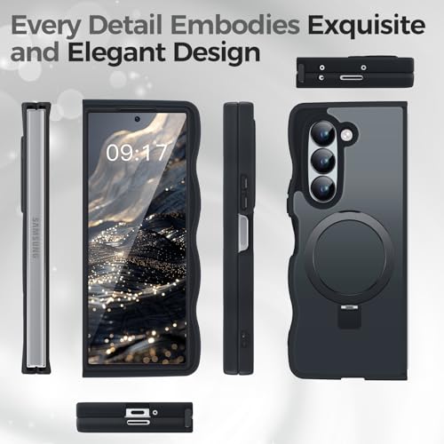 Image of Cute Wavy Magnetic Stand Case for Galaxy Z Fold 6 Fit for MagSafe, Black