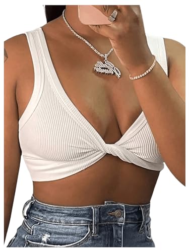 MakeMeChic Women's Crop Tank Top Ribbed Twist Front Sexy Cute Going Out Tops