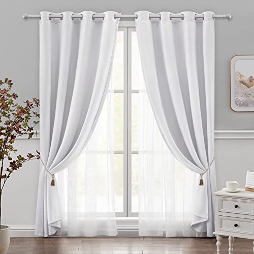 HOMEIDEAS Double Layer Curtains Greyish White Blackout Curtains 84 Inch Length 2 Panels Nursery Grommet Drapes with Sheer Overlay for Girls Kids Bedroom