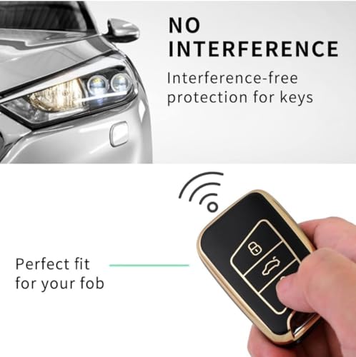 Image of TPU Car Key Cover Black & Golden Compatible for Skoda Kodiaq, Superb, Octavia, Karoq (Skoda, 3 Button Push Smart Key)
