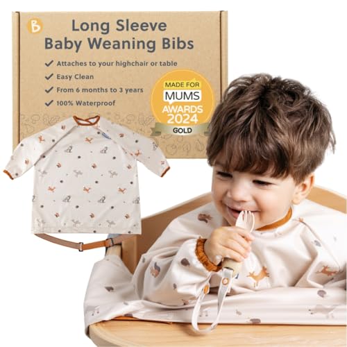 BIBaDO - Long Sleeve Baby Bibs - Babies & Toddlers 6-36 Months - Coverall Baby Weaning Bib - Easy Wipe Clean & Soft Fabric - Attach to Highchair & Tables - Waterproof - Machine Washable - Gifts