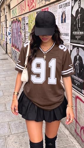 Image of Jersey Shirts for Women Y2k Graphic Tees V Neck Baggy Streetwear Number Oversized T Shirt Summer Tops