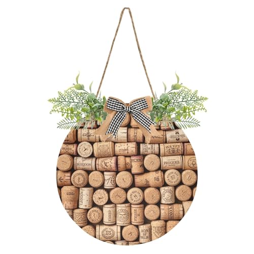 KOCOART Door Wreath Wine Corks Retro Rustic Farmhouse Hanging Front Door Sign Round Vintage Wall Decoration for Home Porch Bedroom Office Garden Indoor Outside