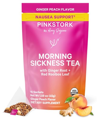 Pink Stork Organic Morning Sickness Pregnancy Tea - Hot or Iced Tea - Prenatal Heartburn, Indigestion, and Constipation Support - 1st Trimester Pregnancy Must Haves - Ginger Peach, 15 Sachets
