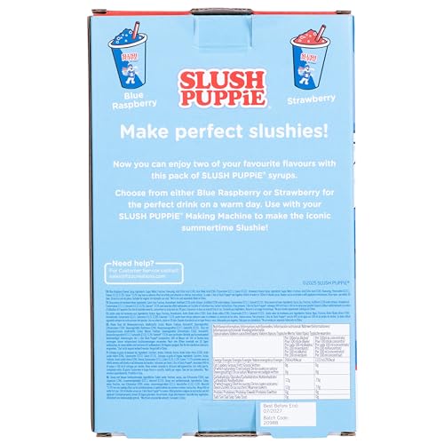 Slush Puppie Syrup Pack of 2 Flavours. Includes Iconic Blue Raspberry & Strawberry flavours. 2 x 500ml Bottles. Officially Licensed Slush Puppy Merchandise. Glycerol Free. Classic Slushy Flavours.