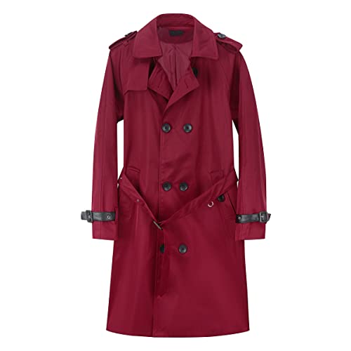AOWOFS Men's Double Breasted Trenchcoat Stylish Slim Fit Mid Long Belted Windbreaker (X-Large, Wine Red)