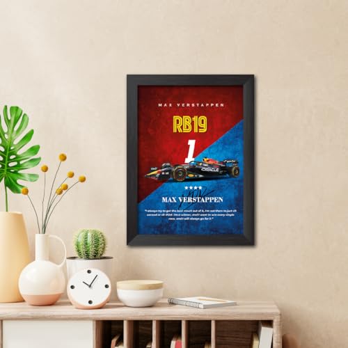 Image of TenorArts Max Verstappen Poster Frame F1 Racing Car RB19 Formula One Photo Framed Painting with Matt Finish Black Textures (12 inches x 9inches)