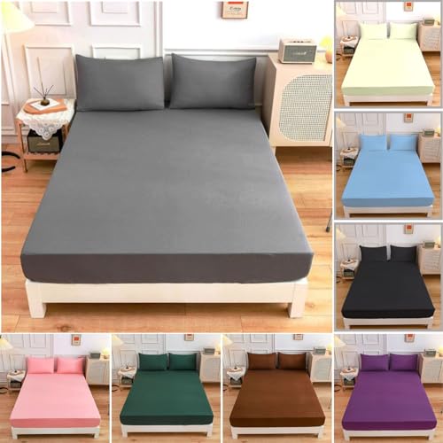 Axcent Comfort Extra Deep Fitted Bed Sheets with FREE 2x Pillow Cases Non Iron Plain Dyed Poly Cotton Percale Fabric Easy Care Fitted Sheet Set (Double Bed, Grey)