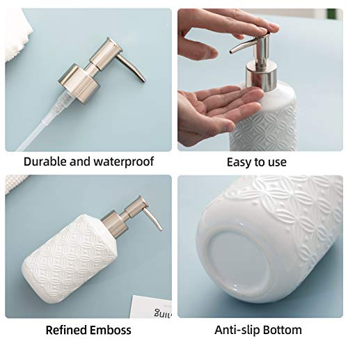 Fe Soap Dispenser, 13.5Oz Soap Dispenser Bathroom With 304 Rust Proof Stainless Steel Pump, Ceramic Hand Soap Dispenser With Vintage Emboss Design For Kitchen & Bathroom (White) #TOP2