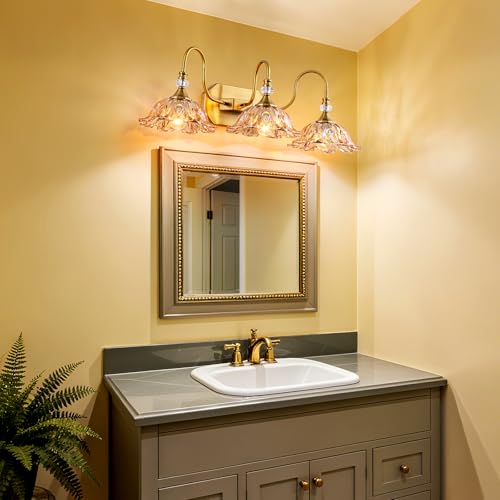 Image of Vintage Gold Bathroom Vanity Light, 3-Lights Matte Antique Brass Finish with Flower Shaped Amber Glass Shades Light Fixture for Bathroom, Hallway
