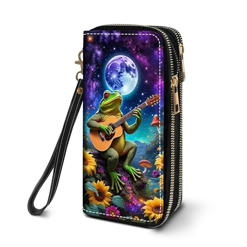 Women's Large Capacity Wallet PU Leather Double Zipper Clutch Purse Multifunctional Wallet with Removable Wristlet Strap for Smart Phone/Coin/Card/Cash, Funny Frog Playing Guitar
