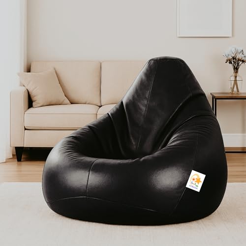 Image of Bean Bag Cover, Faux Leather, 66 x 86 x 112 cm, Indoor Gaming and Reading Chair (Black, XXL, Solid)