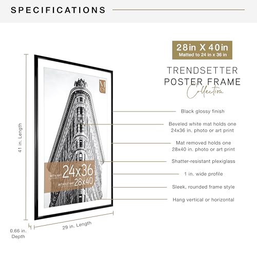 Image of MCS Trendsetter Poster Frame With Mat Option, 28x40 Matted to 24x36, Black | Trendsetter Poster Frame For Photos, 28x40 Inch, Displays 24x36 Inch Matted Or 28x40 Unmatted, Black, 1-Pack
