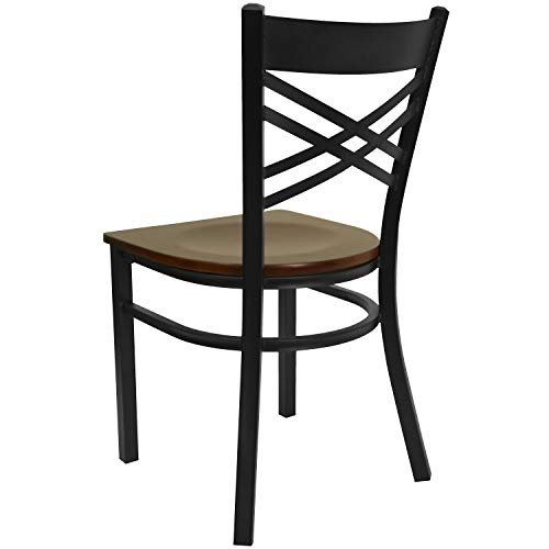 Image of Flash Furniture HERCULES Series Black ''X'' Back Metal Restaurant Chair - Mahogany Wood Seat