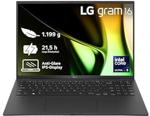 LG 2024 gram 16 Zoll Notebook - 1199g Intel Core Ultra5 Laptop (8GB RAM, 512GB Dual SSD, 21.5h Akkulaufzeit, IPS Panel Anti-Glare Display, Win 11 Pro) - Schwarz