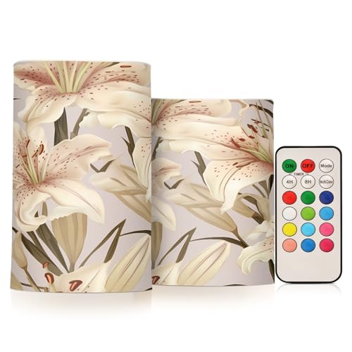 ALAZA Lily Flowers Flickering Flameless Candles Battery Operated with Remote Timer,Tea Light Candles LED Pillar Votive Candles Set of 2 for Outdoor Indoor Decorations