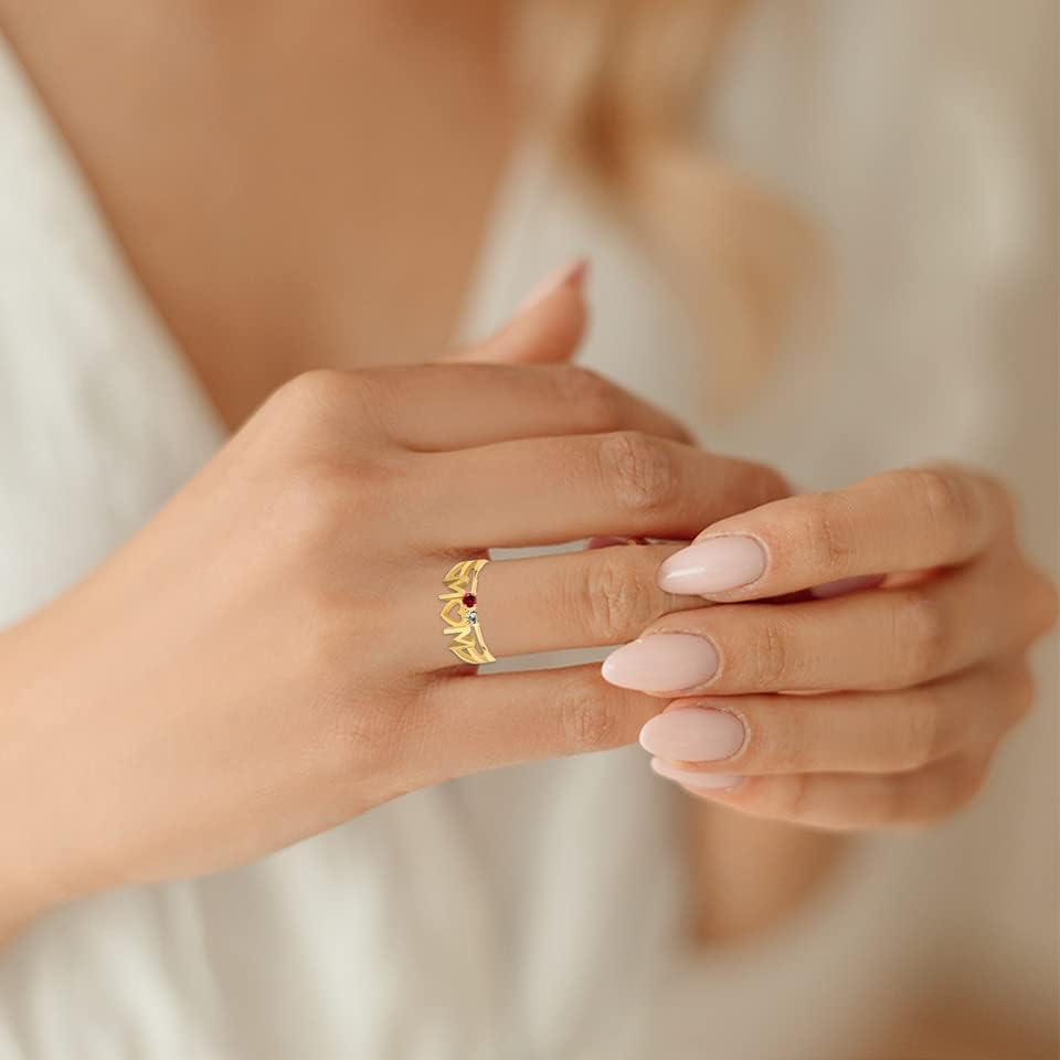 10K or 14K Yellow Gold Personalized Mix-and-Match Mom's Love Heart Ring with 2 CZ Birthstones - Choice of Birthstone Color & Ring Size