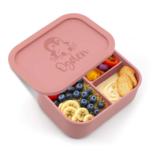 TAISGONGBY Lonchera de silicona personalizable, se puede grabar con patrones, nombres o texto, lonchera de tres compartimentos, adecuada para viajes de trabajo, microondas, refrigerador, lavavajillas