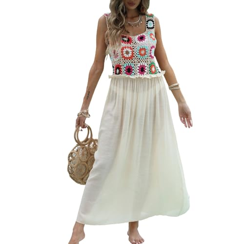 HFYRBDKSPI Damski strój kąpielowy Cover Up Crochet Hollow Out Summer Vacation Beach Tank Dress,Apricot,L