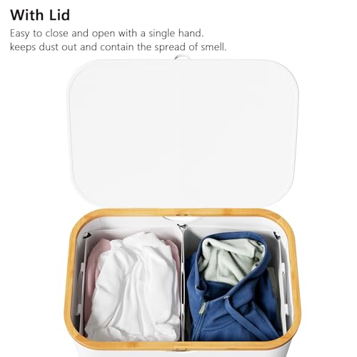 SpaceAid Double Laundry Hamper 2 Section with Lid and Removable Laundry Bags, 160L Clothes Basket with Bamboo Handles, Large Collapsible Hamper for Bedroom, Bathroom, Dorm, Laundry Room - White