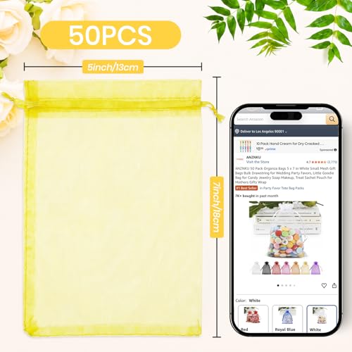 Image of ANZNKU 50 Pack Yellow Organza Bags 5x7 In, Small Mesh Gift Bags Bulk with Drawstring for Jewelry Candy Sachet Soap, Goodie Pouches for Wedding Baby Bridal Shower & Birthday Party Favors