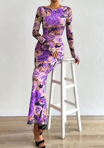 Image of PRETTYGARDEN Bodycon Maxi Dress 2025 Fall Floral Long Sleeve Sexy Mesh Cocktail Wedding Guest Long Dresses
