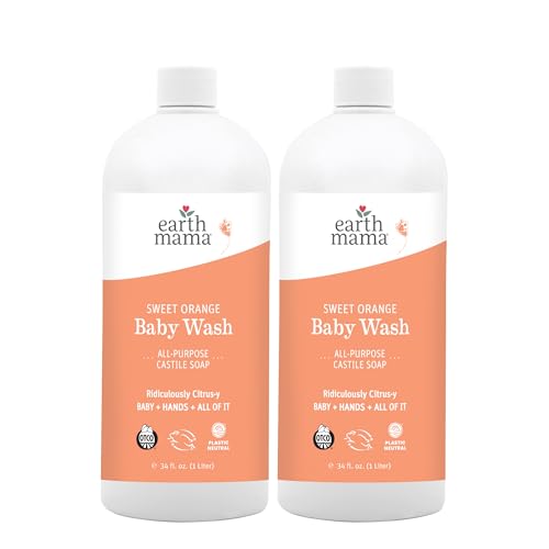 Image of Earth Mama Sweet Orange Baby Wash Liquid Foaming Hand Soap Refill, Organic All Purpose Body Wash for Sensitive Skin, Castile Soap with Coconut Oil, Shea Butter, Calendula, & Aloe, 34 fl oz (2-Pack)