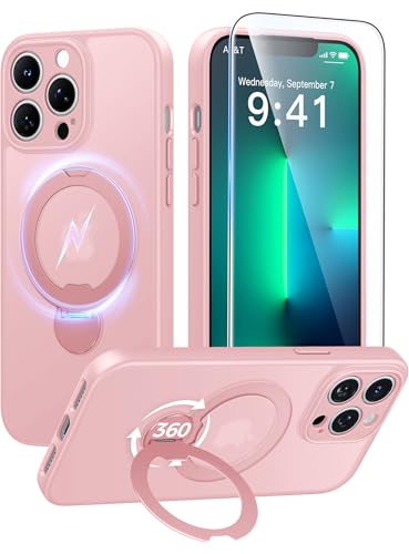 Image of FNTCASE for iPhone 13 Pro-Max Case: [360 Spin Magnetic Stand] [Compatible with Magsafe] [Screen Protector] Translucent Matte Military Grade Shockproof Full Camera Protective Phone Cover - Pink
