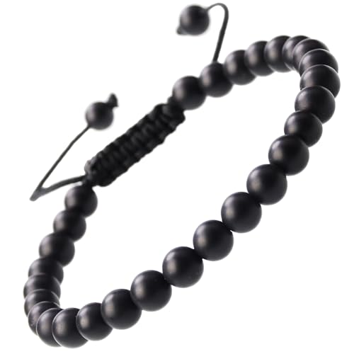 Image of MASSIVE BEADS Natural Healing Power Gemstone Crystal Beads Unisex Adjustable Macrame Bracelets 8mm, 6 mm, Matte Onyx, Onyx