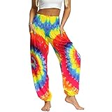 Lu's Chic Women's Tie Dye Harem Pants Thai Smocked Waist Dancing Loose Comfy Long Hippie Pants Style