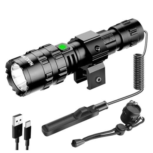 NAKCNM Tactical Flashlight with Picatinny Rails Mount, 5500 Lumen Weapon Light Rechargeable 5 Modes, Remote Pressure Switch Included for Hiking Outdoor Activities