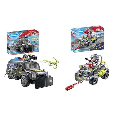 PLAYMOBIL City Action 71144 SWAT-Geländefahrzeug & City Action 71147 SWAT-Multi-Terrain-Quad, verwandelbares SEK Speedboot, Spielzeug für Kinder ab 5 Jahren