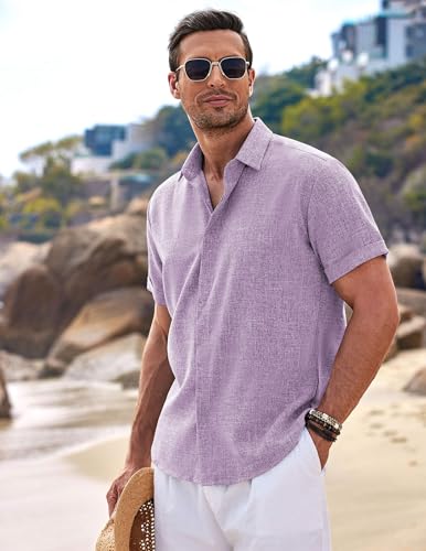 Image of COOFANDY Men's Linen Shirts Short Sleeve Casual Shirts Button Down Shirt for Men Beach Summer Wedding Shirt