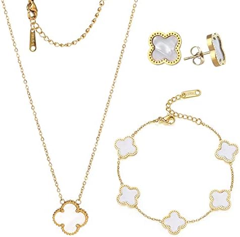 18k Gold Plated Lucky Clover Sets Necklace Pendant Bracelet Earrings for Women Fashion Simple Cute Jewelry Womens Girls Gift(White)