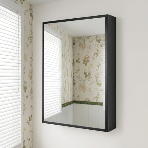 Image of Black Bathroom Medicine Cabinet with Mirror, Wall Mounted Mirror Cabinet