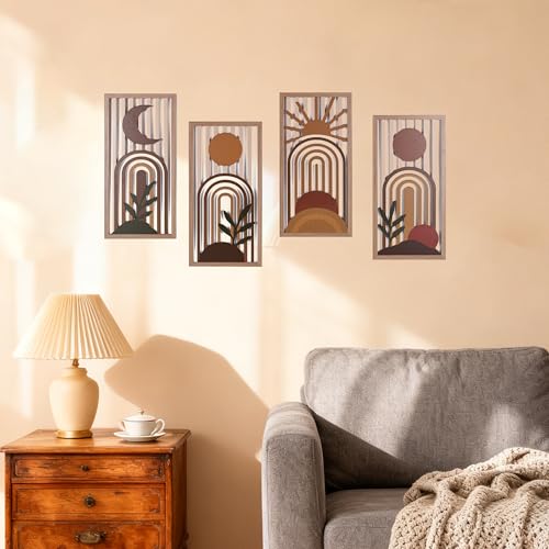 suruim ボーホーウォールアート 4枚セット 抽象的な幾何学模様の木製ウォールデコ、ミッドセンチュリーモダン美的アートワーク アーチ、花瓶&植物デザイン モダンなホームデコレーション 寝室 オフィス リビングルーム用 (C)