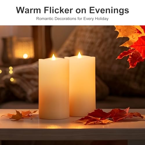 Image of 2PCS, 3 x 6 inches Flameless Candle with Remote Control, 3D Flickering Wick, Real Wax, Battery Candles,with Timer,Battery Powered Candles,for Holiday Home Decor,Ivory