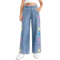 Haloumoning Girls Butterfly Print Jeans Kids Elastic Waist Wide Leg Denim Baggy Pants with Pockets 5-14Y