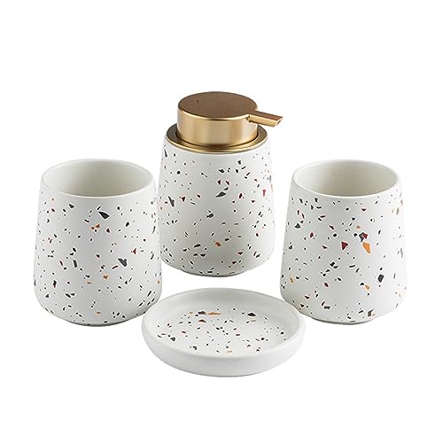 Juego de dispensador de jabón de cerámica blanca, accesorios de baño con soporte para cepillo de dientes, jabonera y taza, perfecto para apartamentos y hoteles, diseño elegante y duradero
