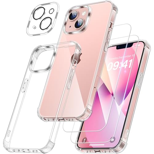 FLLAO 4 en 1 Coque pour iPhone 13 avec 2 Verre Trempé et 1 Caméra Protecteur, [Coussin d'air Intégré] Antichoc Antirayures Bumper Protection Housse pour iPhone 13 6.1', Transparent