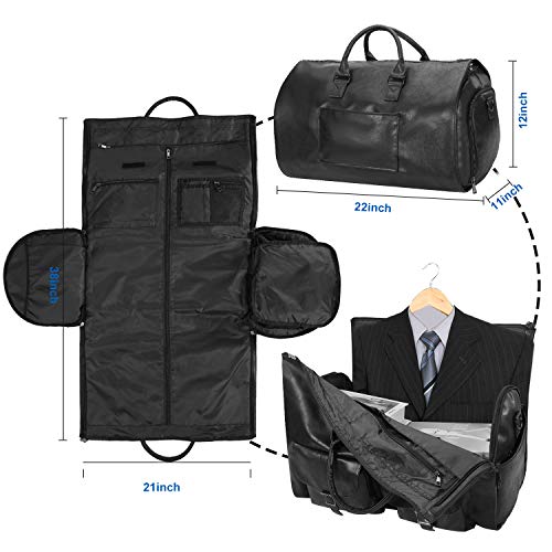 Carry On Garment Bag, Waterproof Mens Garment Bag for Travel Business, Large Leather Duffel Bag with Shoe Compartment -Black