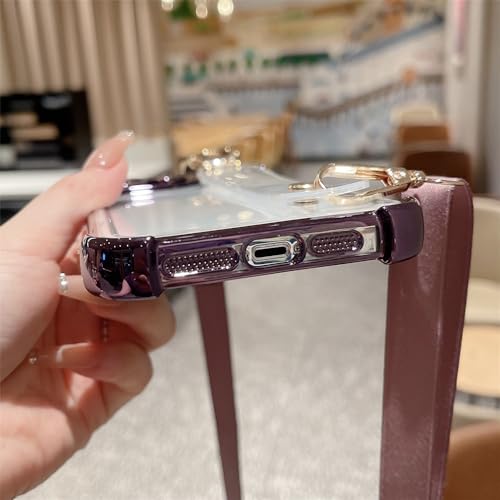 Coque transparente iPhone 14 Pro lanière et bracelet cuir pour garder les mains libres