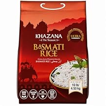 Authentic Extra Long Basmati Rice by Khazana in 10 lb Bag - Aromatic and Flavorful Indian Grain - Non-GMO, Gluten Free, Kosher, Cholesterol Free