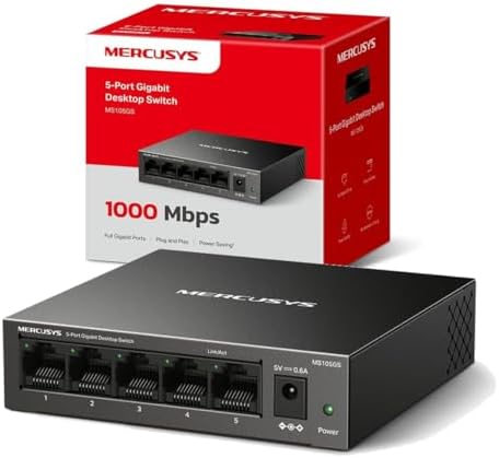 Mercusys MS105GS-Switch Ethernet Gigabit de 5 Puertos RJ45, Carcasa Metálica Resistente, Plug & Play, Sin Configuración, Bajo Consumo, Silencioso, Hub Ethernet, Ideal para Hogar, Oficina y Smart TV