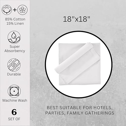 Image of FINGERCRAFT Table Napkins 18x18 Inches Set of 6 Cotton Linen Blend Fabric Dinner Cloth Napkins Washable and Reusable, Good Absorbency for Home, Parties, Hotels (White)