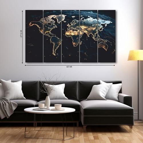 Image of The Castle Decor World Map Painting With Frame 5 Big Size Multiple Frames Wall Art Painting for Living Room,bedroom,drawing Room,hotels-wooden Framed-digital Painting (27x48 inch, Multicolour3)