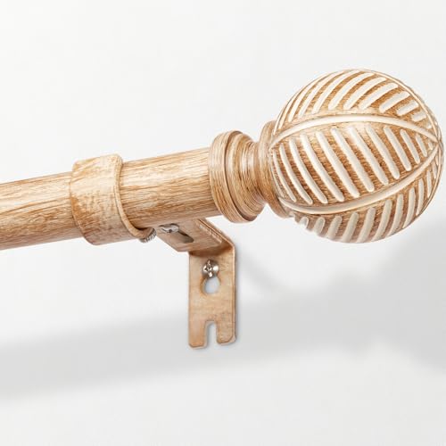 Zeerobee Wood Curtain Rods for Windows 48 to 84, 1 Inch Heavy Duty Drapery Rods with Imitation Wood Grain Leaf Pattern Finials, Indoor/Outdoor Modern Curtain Pole, 32