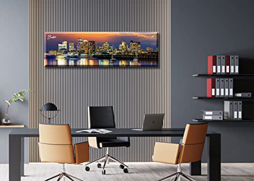 Image of DJSYLIFE Boston Skyline Wall Art Canvas Prints Colorful USA City Night Pictures Modern Panoramic Cityscape Posters Paintings for Bedroom Office Decor, Ready to Hang 13.8 inchx45.3 inch